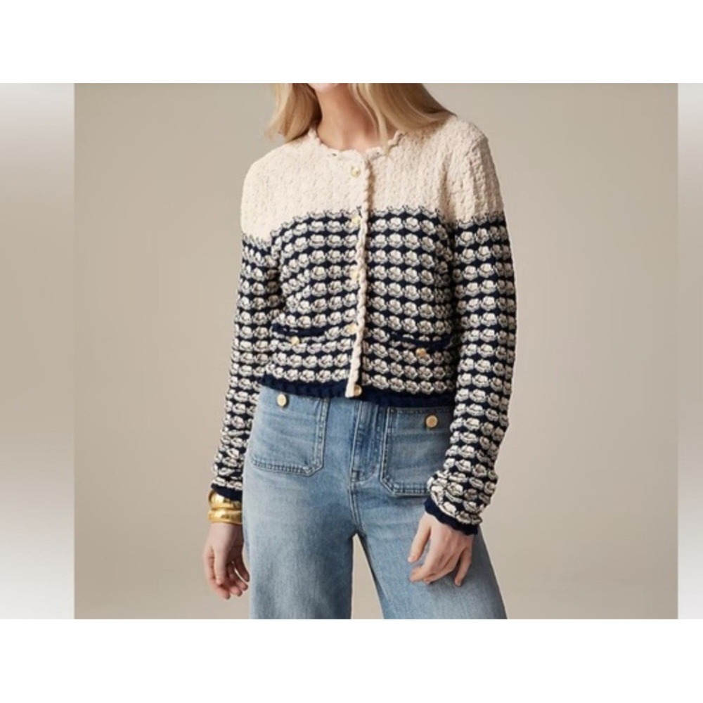 Nautical J. Crew Textured Crochet Blue & White New England‎ Sweater Women's L